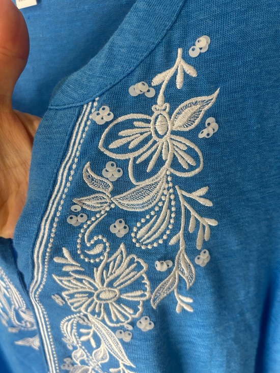 CHICO’S Soft Linen Embroidered Tunic in Poolside Blue Size 2 Large - Picture 8 of 14